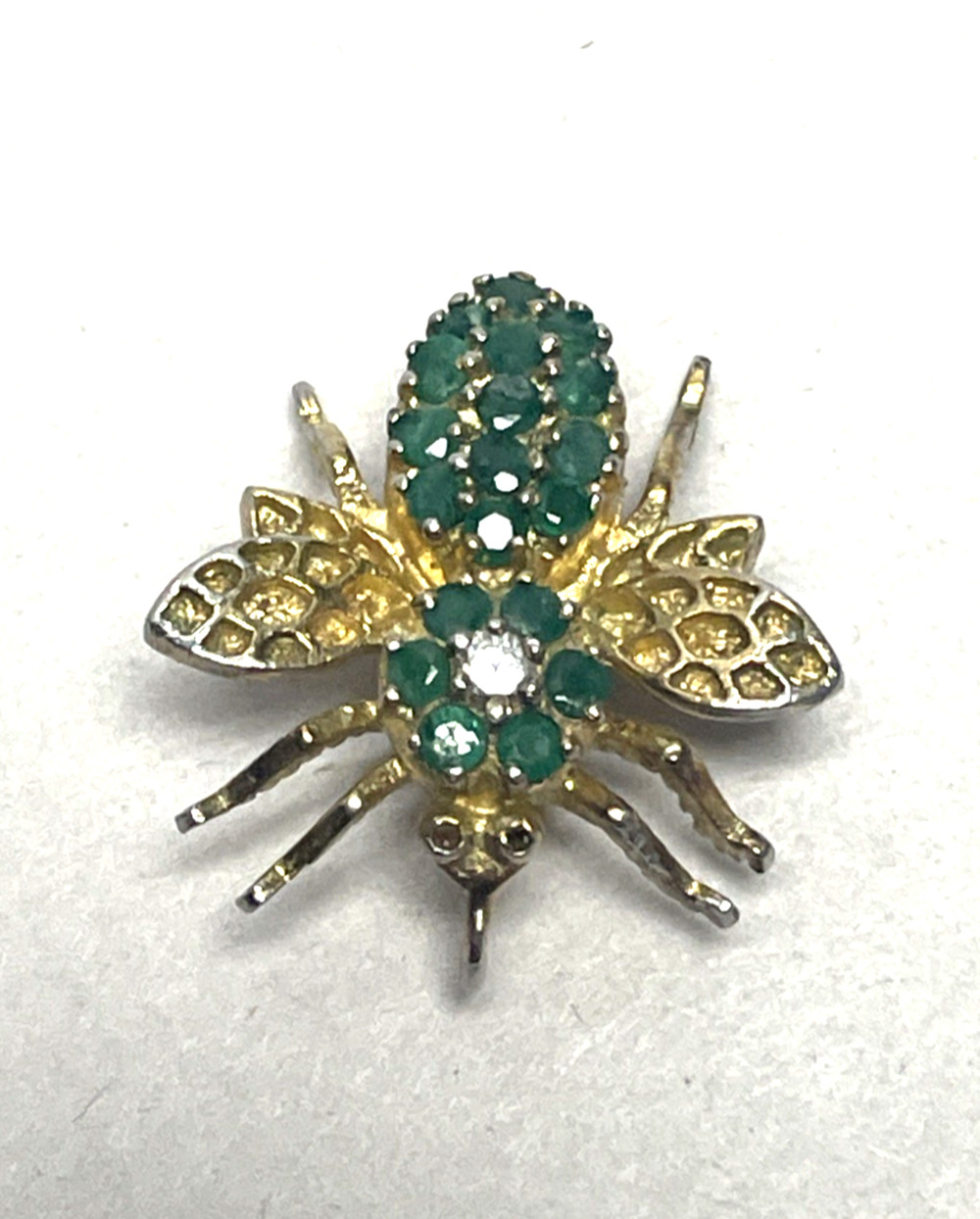 PAJ 925 Sterling Silver Green Gemstone Bee Insect Brooch Pin Gold Vermeil VTG